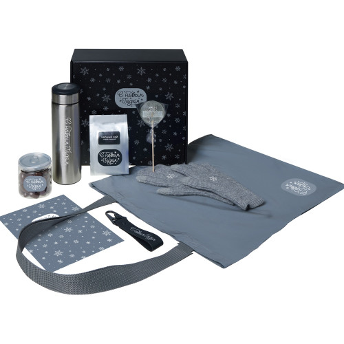 Подарочный набор с перчатками, термосом и чаем, серый