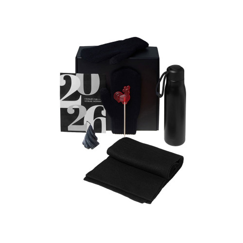 Подарочный набор с варежками, шарфом и термосом, черный