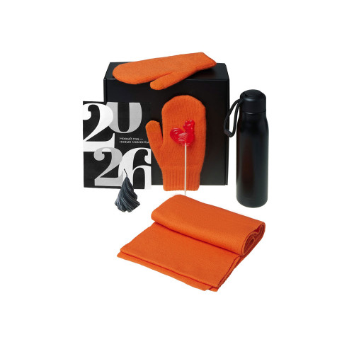 Подарочный набор с варежками, шарфом и термосом, оранжевый Подарочный набор с варежками, шарфом и термосом, оранжевый
