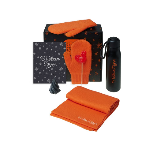 Подарочный набор с варежками, шарфом и термосом, оранжевый Подарочный набор с варежками, шарфом и термосом, оранжевый