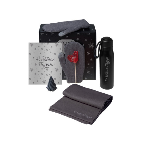 Подарочный набор с варежками, шарфом и термосом, серый