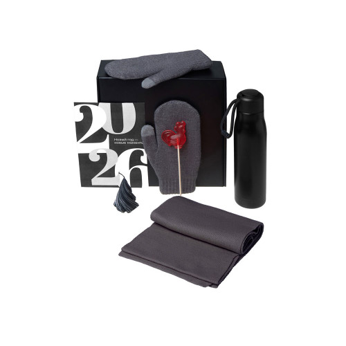 Подарочный набор с варежками, шарфом и термосом, серый