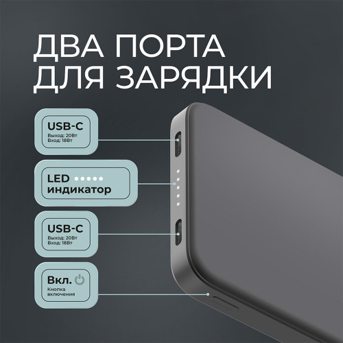 Внешний АКБ NRG Turbo S 10000 mAh, 20Вт, графит, Deppa