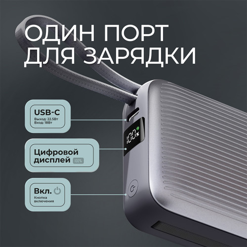 Внешний АКБ NRG Turbo Cable 10000 mAh, 22,5Вт, графит, Deppa Внешний АКБ NRG Turbo Cable 10000 mAh, 22,5Вт, графит, Deppa
