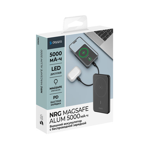 Внешний АКБ NRG MageSafe Alum 5000 мА-ч, 15Вт QI, серый, Deppa Внешний АКБ NRG MageSafe Alum 5000 мА-ч, 15Вт QI, серый, Deppa
