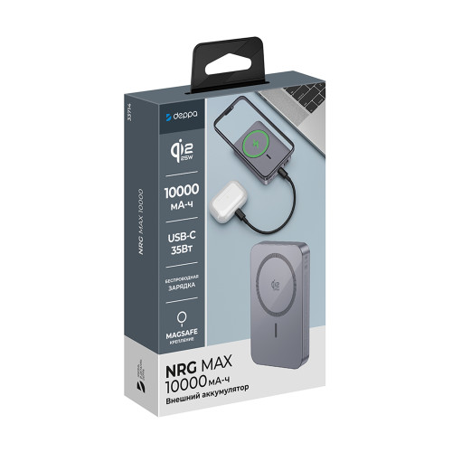 Внешний АКБ NRG Max Qi2.2 10000 мА-ч, 25Вт MageSafe, серый, Deppa Внешний АКБ NRG Max Qi2.2 10000 мА-ч, 25Вт MageSafe, серый, Deppa