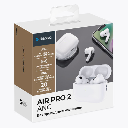 Беспроводные наушники с микрофоном Air Pro 2 ANC, TWS, BT 5.3, 300 мАч, ANC, QI, белый, Deppa Беспроводные наушники с микрофоном Air Pro 2 ANC, TWS, BT 5.3, 300 мАч, ANC, QI, белый, Deppa