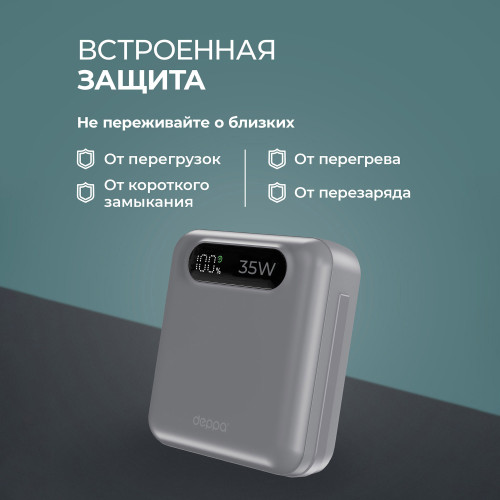 Внешний АКБ NRG Turbo Cable 10000 mAh, 35Вт, графит, Deppa Внешний АКБ NRG Turbo Cable 10000 mAh, 35Вт, графит, Deppa