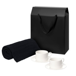 Подарочный набор Мокко (Mokko), Фадо (Fado), темно-синий в черной коробке-пакете (две чайных пары, плед)