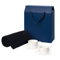 Подарочный набор Мокко (Mokko), Фадо (Fado), темно-синий в коробке-пакете (две чайных пары, плед)