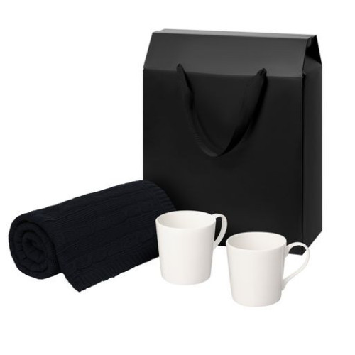 Подарочный набор Сиена (Siena), Фадо (Fado), темно-синий в черной коробке-пакете (две фарфоровых кружки, плед)